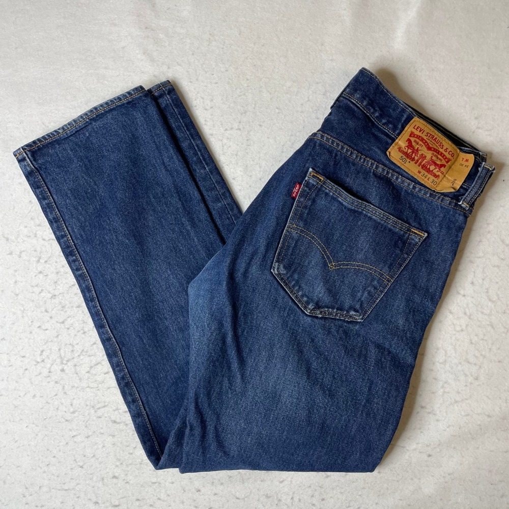 Levis 501 Original Fit Jeans Mens 34x30 Dark Wash Blue Straight Leg Denim